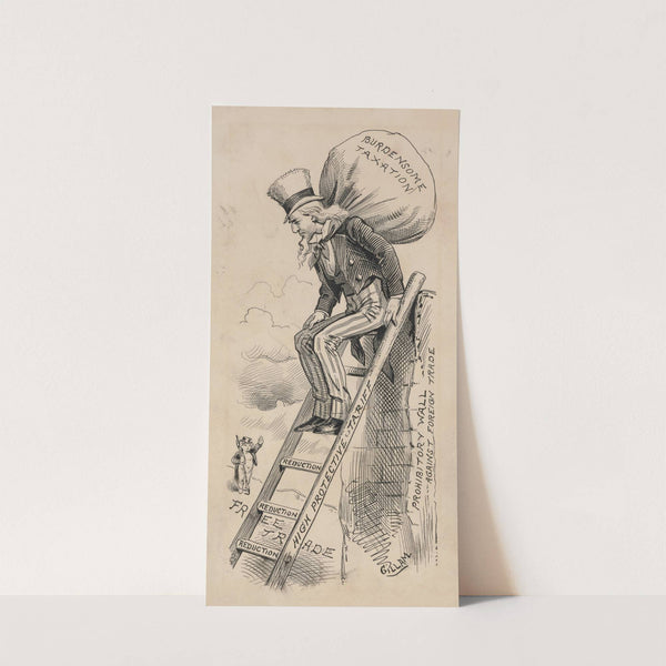 Uncle Sam atop ‘Protective Tariff’ ladder, carrying ‘Burdensome Taxation’ on his back (1883) by Bernard Gillam