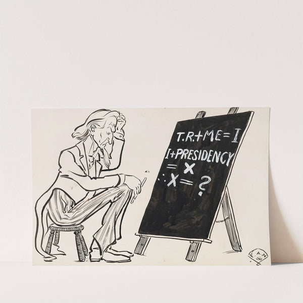 Uncle Sam contemplating problem on chalkboard by Frank Arthur Nankivell