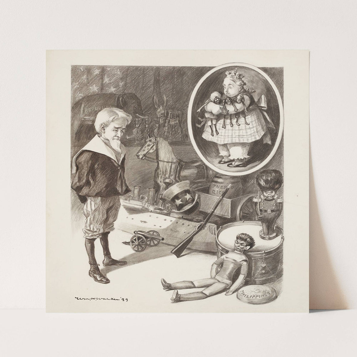 Uncle Sam, depicted as a boy, looks over his toys (1899) by William Henry Walker