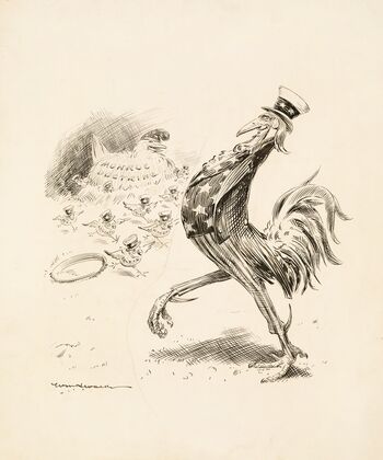 Uncle Sam depicted as a proud rooster and the Monroe Doctrine as his hen (1906) — size preview