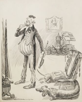 Uncle Sam depicted as the Kaiser; hat style, mustache style, and pipe, with German items around the room. (1902) — size preview