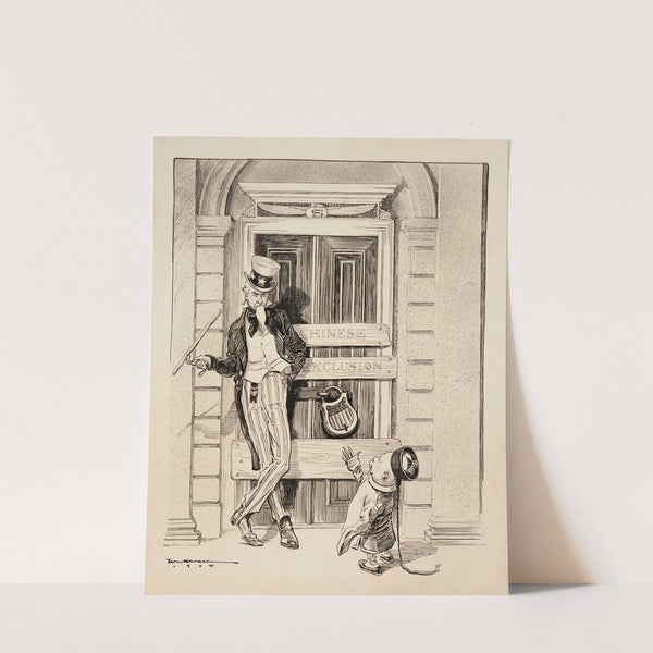 Uncle Sam has barred the door to the United States to keep out a Chinese man with boards reading ‘Chinese Exclusion’ (1904) by William Henry Walker