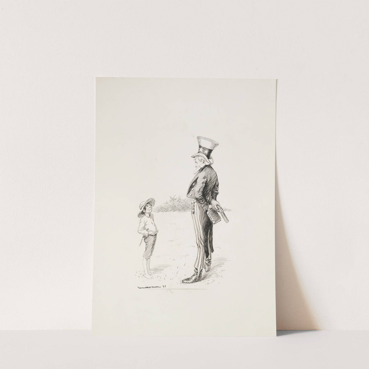 Uncle Sam, holding a gun and a Bible behind his back, talks to a man from a tropical country. (1899) by William Henry Walker