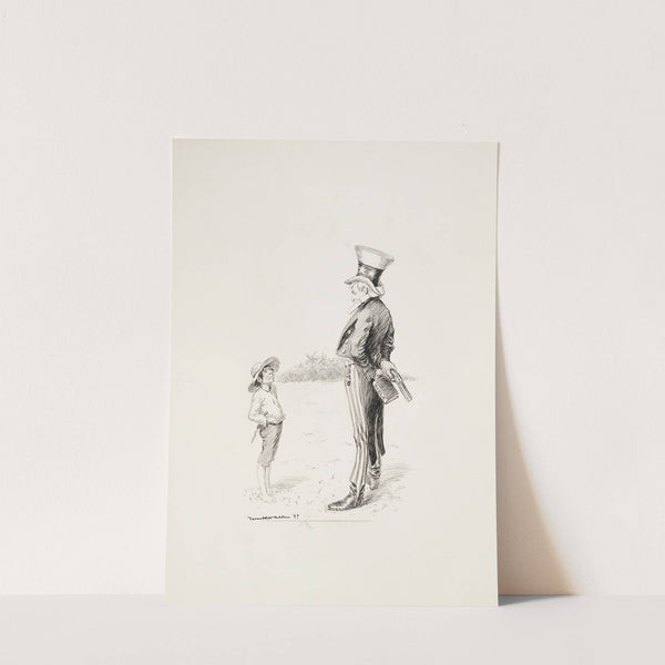 Uncle Sam, holding a gun and a Bible behind his back, talks to a man from a tropical country. (1899) by William Henry Walker