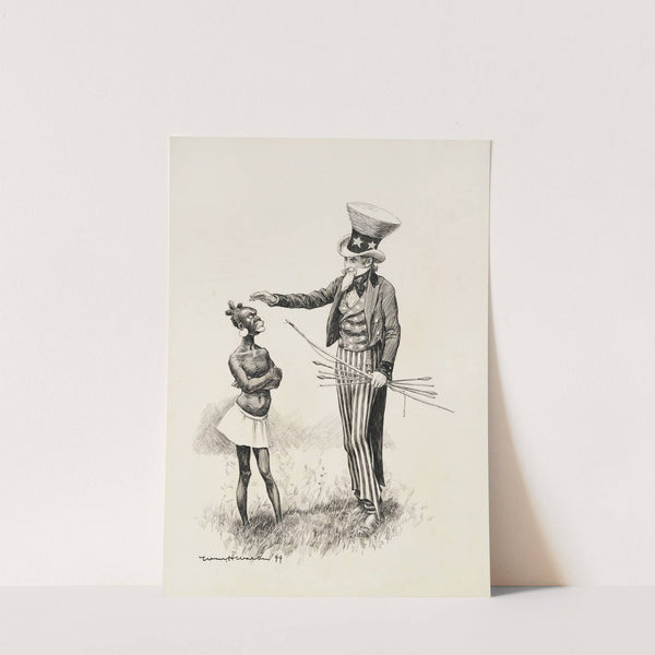 Uncle Sam holds a bow and arrows and tries to pat an angry black man in native dress on the head. (1899) by William Henry Walker