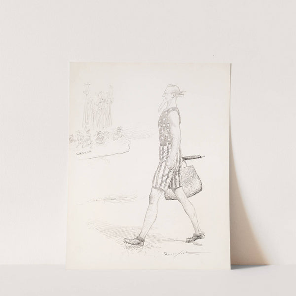 Uncle Sam in a bathing suit walks along a beach by Homer Davenport