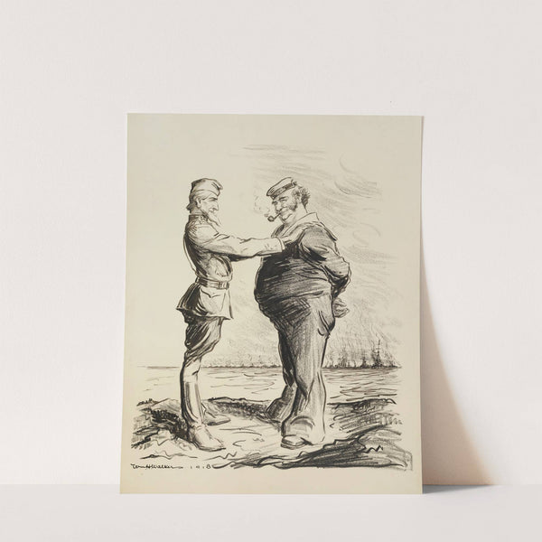 Uncle Sam in army uniform and a man representing Great Britain in a navy uniform meet as friends on a shore (1918) by William Henry Walker