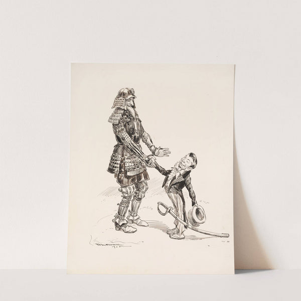 Uncle Sam in Japanese armor shakes hands with a Japanese man in a suit and carrying a large sword. (1905) by William Henry Walker