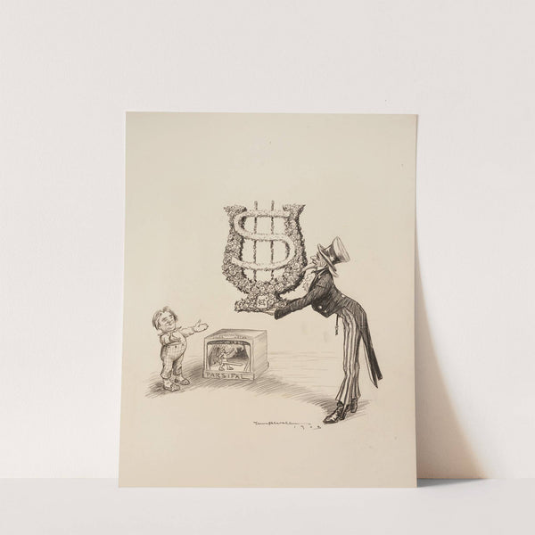 Uncle Sam offers a wreath shaped like a dollar sign to Parsifal and the Metropolitan Opera House, depicted as a boy and a puppet stage. (1904) by William Henry Walker
