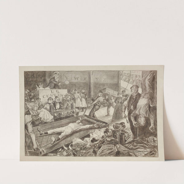 Uncle Sam presides over a court in the U.S. Customs House where women are put in stocks, men are on the rack, and their belongings seized. (1901) by William Henry Walker