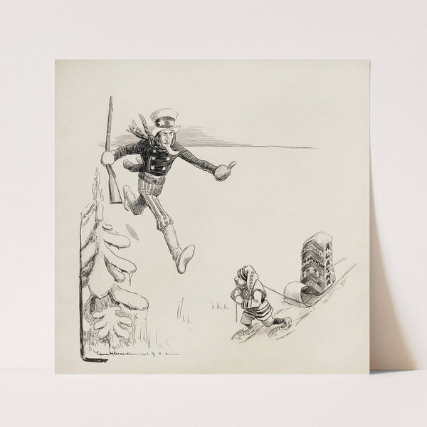 Uncle Sam runs to stop a small man, representing Canada, who is moving the 1825 Alaska Boundary Monument. (1902) by William Henry Walker