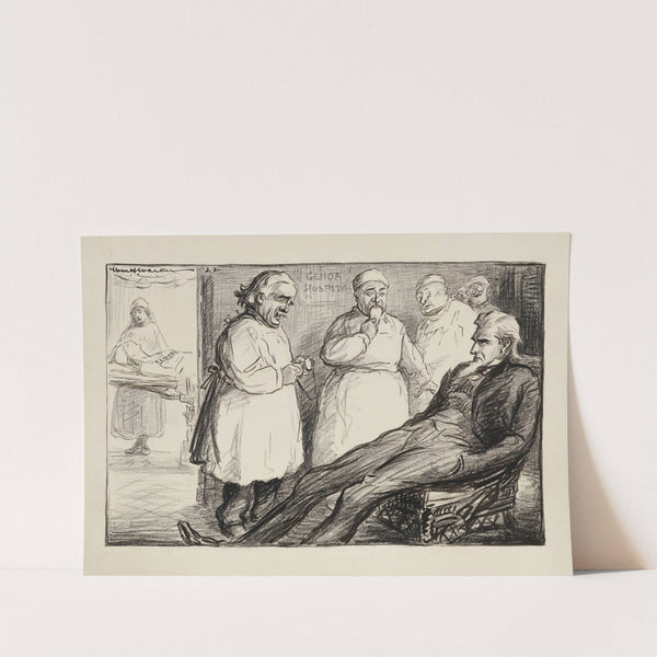 Uncle Sam sits in the waiting room of ‘Genoa Hospital,’ attended to by several doctors (1922) by William Henry Walker