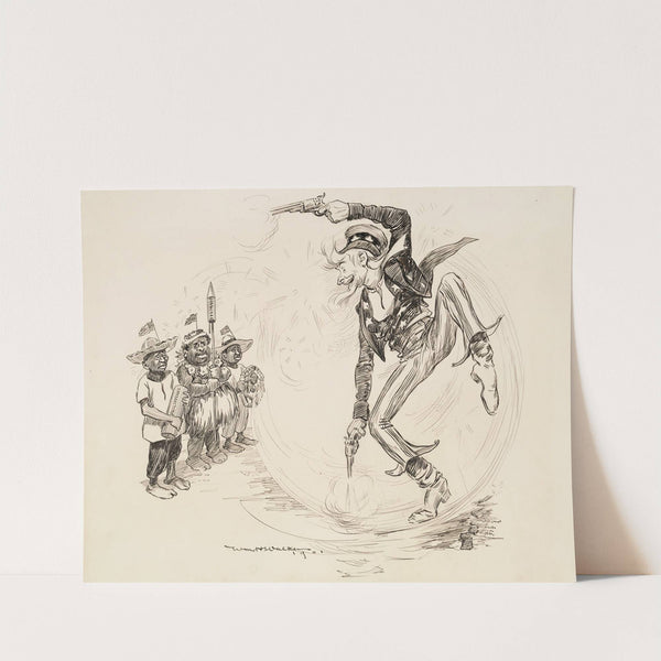 Uncle Sam smiles, jumps, and fires two guns to try to impress three men representing the Philippines, Cuba, and Porto Rico (1901) by William Henry Walker