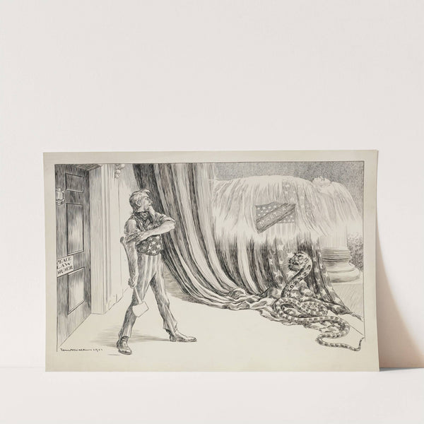 Uncle Sam stands before a door labeled ‘peace, law, order’ and prepares to strike a snake representing anarchy (1902) by William Henry Walker