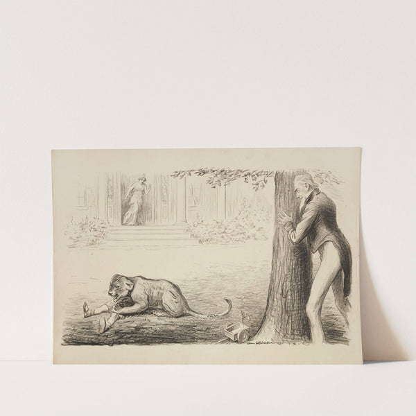 Uncle Sam watches from a behind a tree as a lion cub (representing the I.W.W., Industrial Workers of the World) mauls a young boy (1919) by William Henry Walker