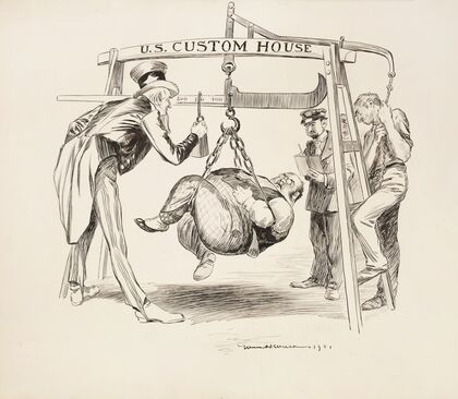 Uncle Sam weighs a fat man at the U.S. Custom House. (1901) — size preview