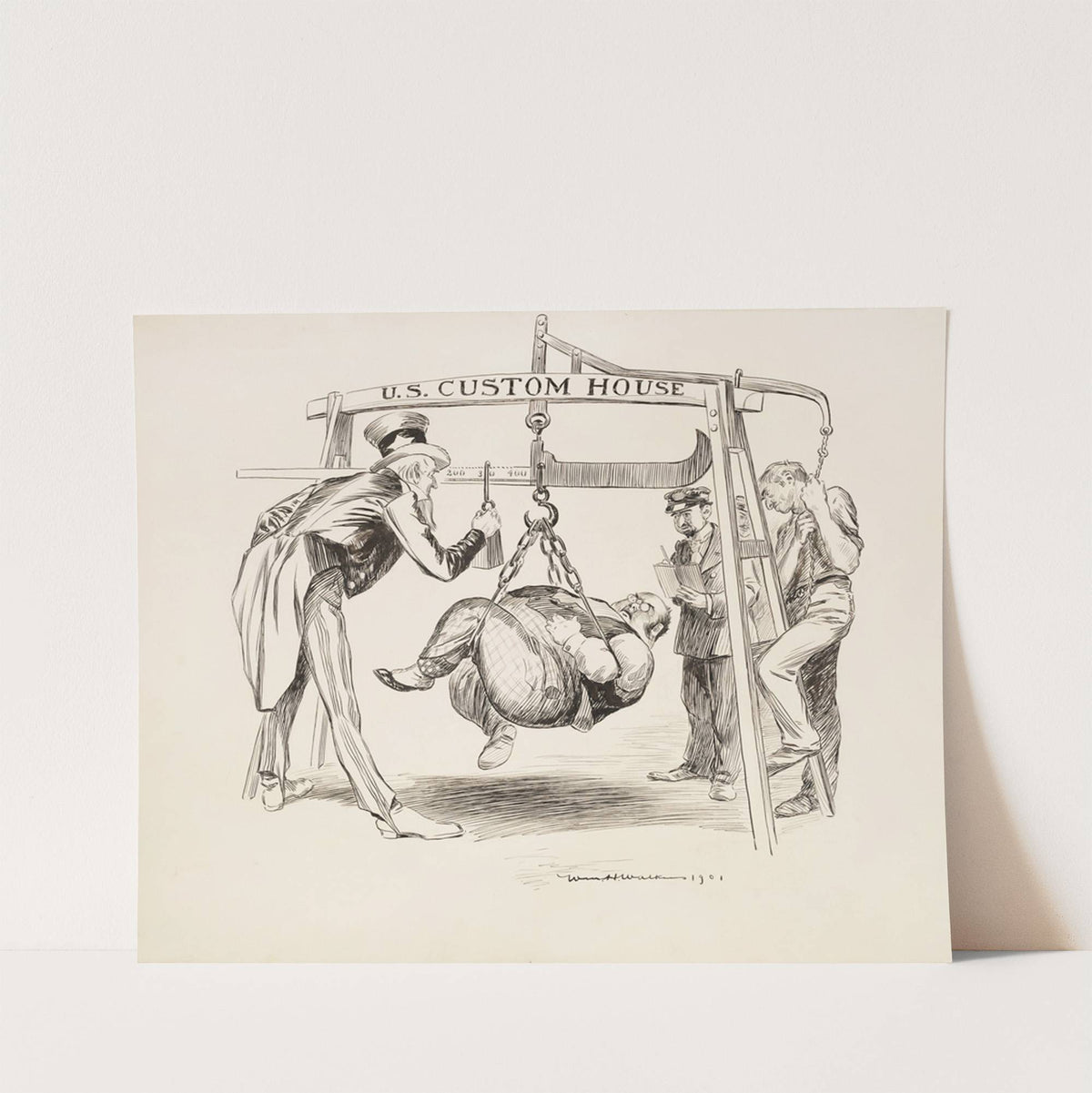 Uncle Sam weighs a fat man at the U.S. Custom House. (1901) by William Henry Walker