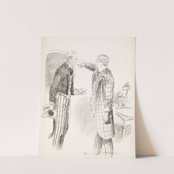 Uncle Sam, with torn clothes and tears in his eyes, tries to offer an invitation to the honorable W.R.H., but is ordered to leave by Homer Davenport