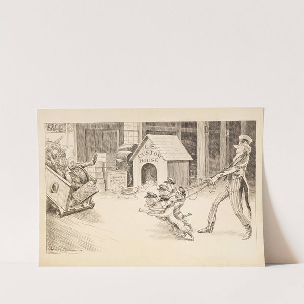 Uncle Sam with U.S. Custom Officials depicted as attack dogs, confronting passengers as they disembark from a ship after a world cruise. (1906) by William Henry Walker