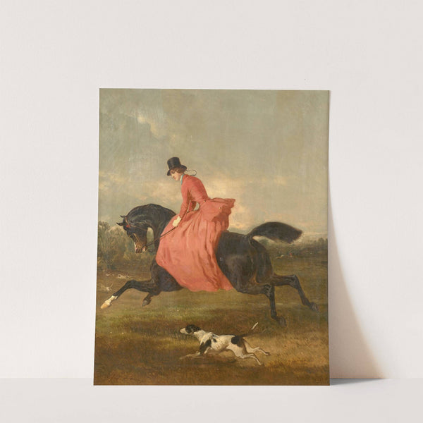 Une amazone à la robe rouge dans un paysage by Alfred De Dreux
