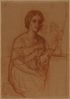 Une femme assise, peignant un vase