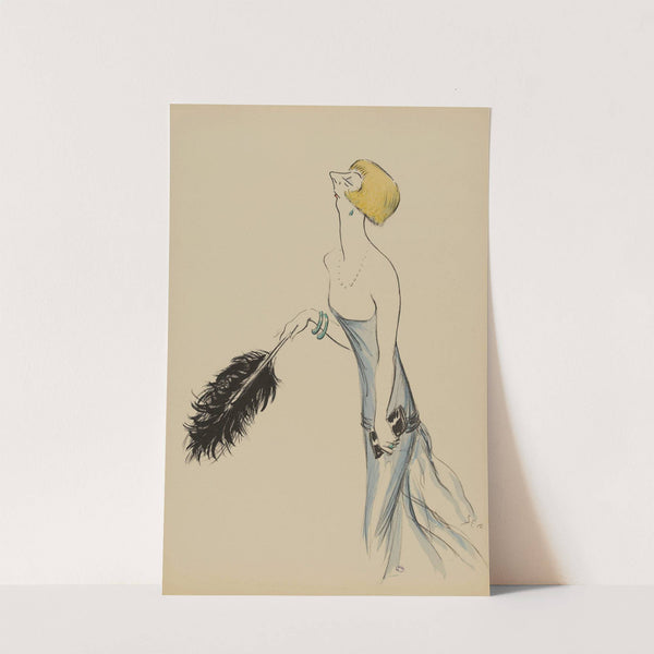 une femme en robe bleue tenant une plume d’autruche noire (1920) by Georges Goursat (Sem)