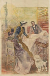 Une jeune femme touche l’étoffe et une plus agée est assise sur une chaise avec un caniche blanc à ses côtés (1892)