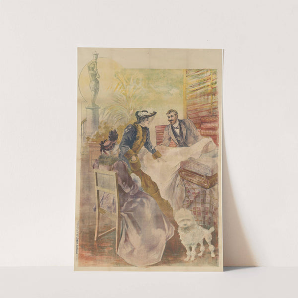 Une jeune femme touche l’étoffe et une plus agée est assise sur une chaise avec un caniche blanc à ses côtés (1892) by Imp. Camis