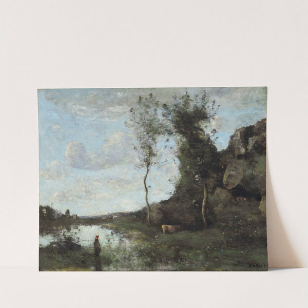 Une Paysanne Et Sa Vache À La Mare En Vue D'un Village by Jean-Baptiste-Camille Corot