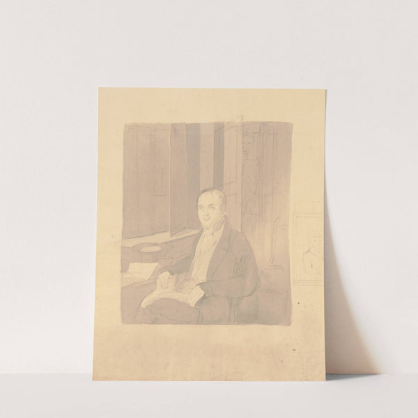 Unfinished three-quarter portrait of a physician, seated at a desk with a skeleton in the closet behind him by John Rubens Smith