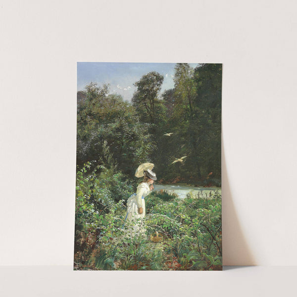 Ung dame i hvid kjole plukker hindbær i Ordrup Krat by Carl Schlichting-Carlsen