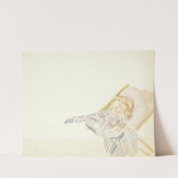 Ung mand indsvøbt i plaid, liggende i en liggestol by Peter Hansen