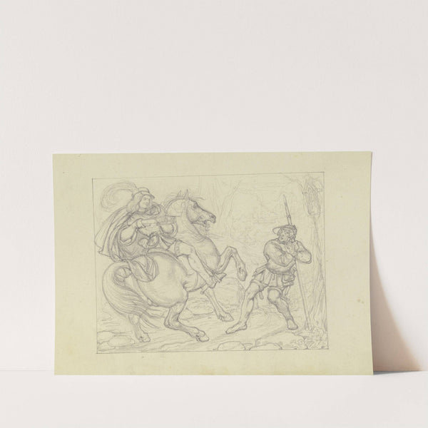 Ungedeutete Szene; Ein Ritter, einen mit einem Spieß bewaffneten Bauern an einem Bildstock mit der Armbrust bedrohend by Ferdinand Fellner