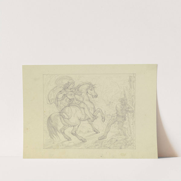 Ungedeutete Szene; Ein Ritter, einen mit einem Spieß bewaffneten Bauern an einem Bildstock mit der Armbrust bedrohend. by Ferdinand Fellner