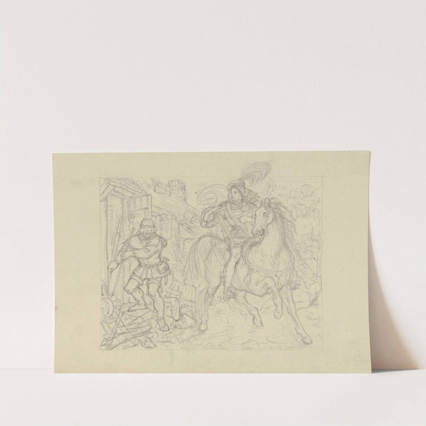 Ungedeutete Szene; Ein Ritter mit Armbrust an einer Hütte haltend, ein Knappe betritt diese by Ferdinand Fellner