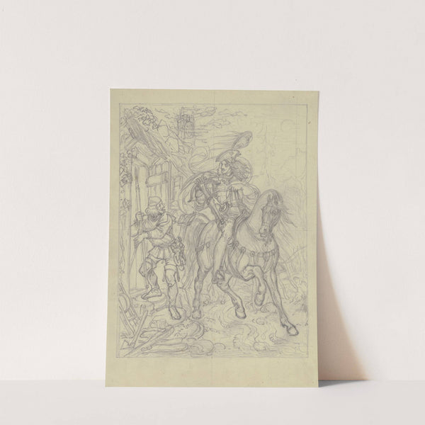 Ungedeutete Szene; Ein Ritter mit Armbrust an einer Hütte haltend, ein Knappe betritt diese. by Ferdinand Fellner