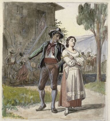 Ungt par, der er uenige, i baggrunden dansende foran et hus (1870 – 1879)