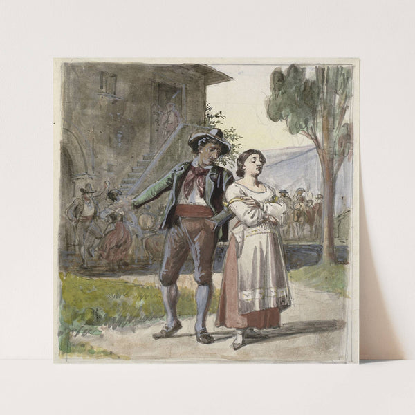 Ungt par, der er uenige, i baggrunden dansende foran et hus (1870 – 1879) by Wilhelm Marstrand