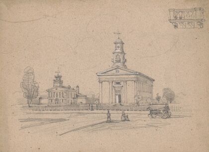 Unidentified church next to a Greek revival home on a city street with fence and pedestrians (1855)