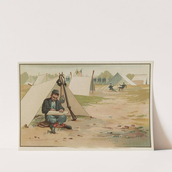 Union soldier making a drawing while sitting in front of tent at army camp (1888) by Louis Kinney Harlow