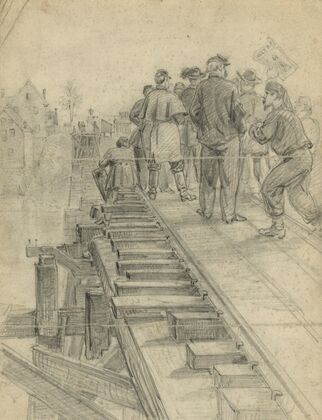 Union soldiers exchanging salutations with the Confederates at Fredericksburg, Va.