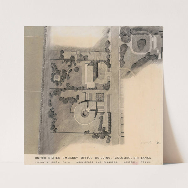 United States Embassy, Colombo, Sri Lanka, Office building, Site plan, rendered (1977) by Victor Alfred Lundy
