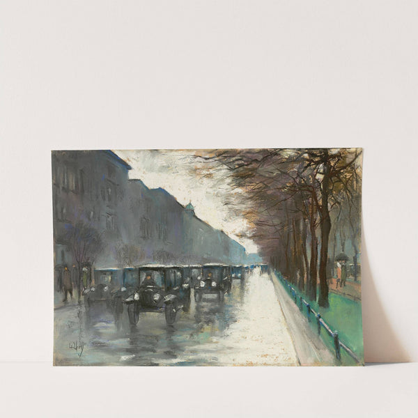 Unter den Linden mit Droschken im Regen by Lesser Ury