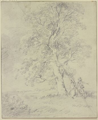 Unter einem Baum drei Figuren mit Kleinkind