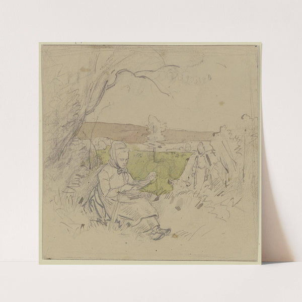 Unter einem Baum ist eine Bäuerin mit Flachs beschäftigt, rechts eine andere mit einer Kuh by Jakob Fürchtegott Dielmann