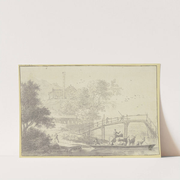 Unter einem Fluss führt ein Steg, darunter ein Kahn mit Menschen und Vieh by Evert Oudendijck