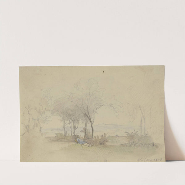 Unter einer Baumgruppe liegt ein Handwerksbursche in blauem Kittel by Jakob Fürchtegott Dielmann