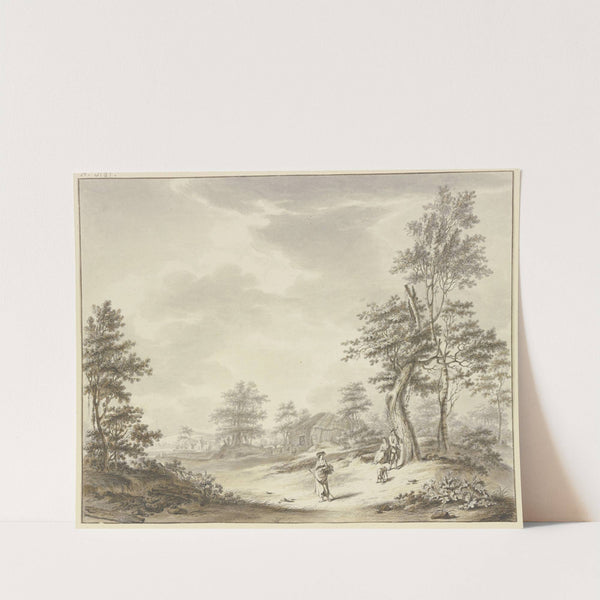 Unter einzelnen Baumgruppen einige Hütten, dabei ein Hirte mit Vieh, im Vordergrund ein barfüßiges Mädchen mit einem Korbe am Arm und einem Stock in der Hand by Leendert Overbeek