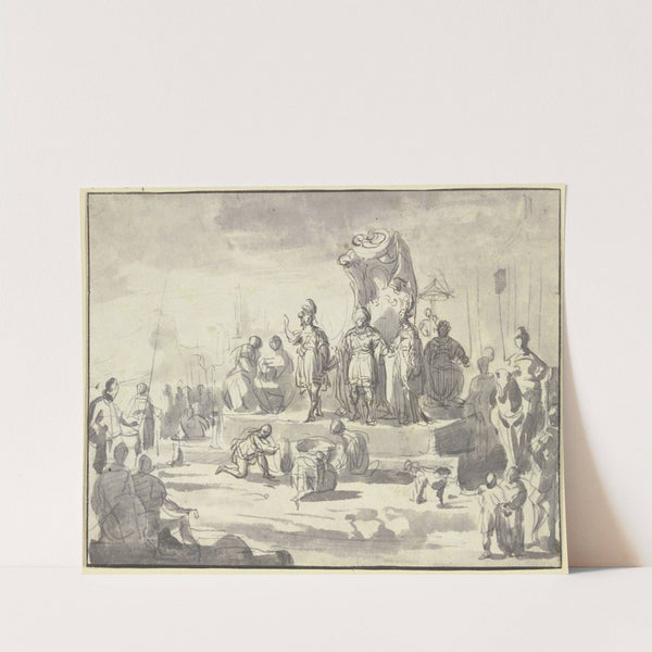 Unter freiem Himmel vor einem Thron steht ein Fürst zwischen einem jungen Paar by Jacob van der Ulft