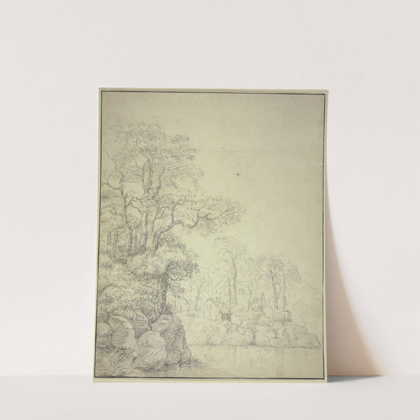 Unter hohen Bäumen mehrere Hütten am Wasser mit felsigem Ufer by Antonie Waterloo